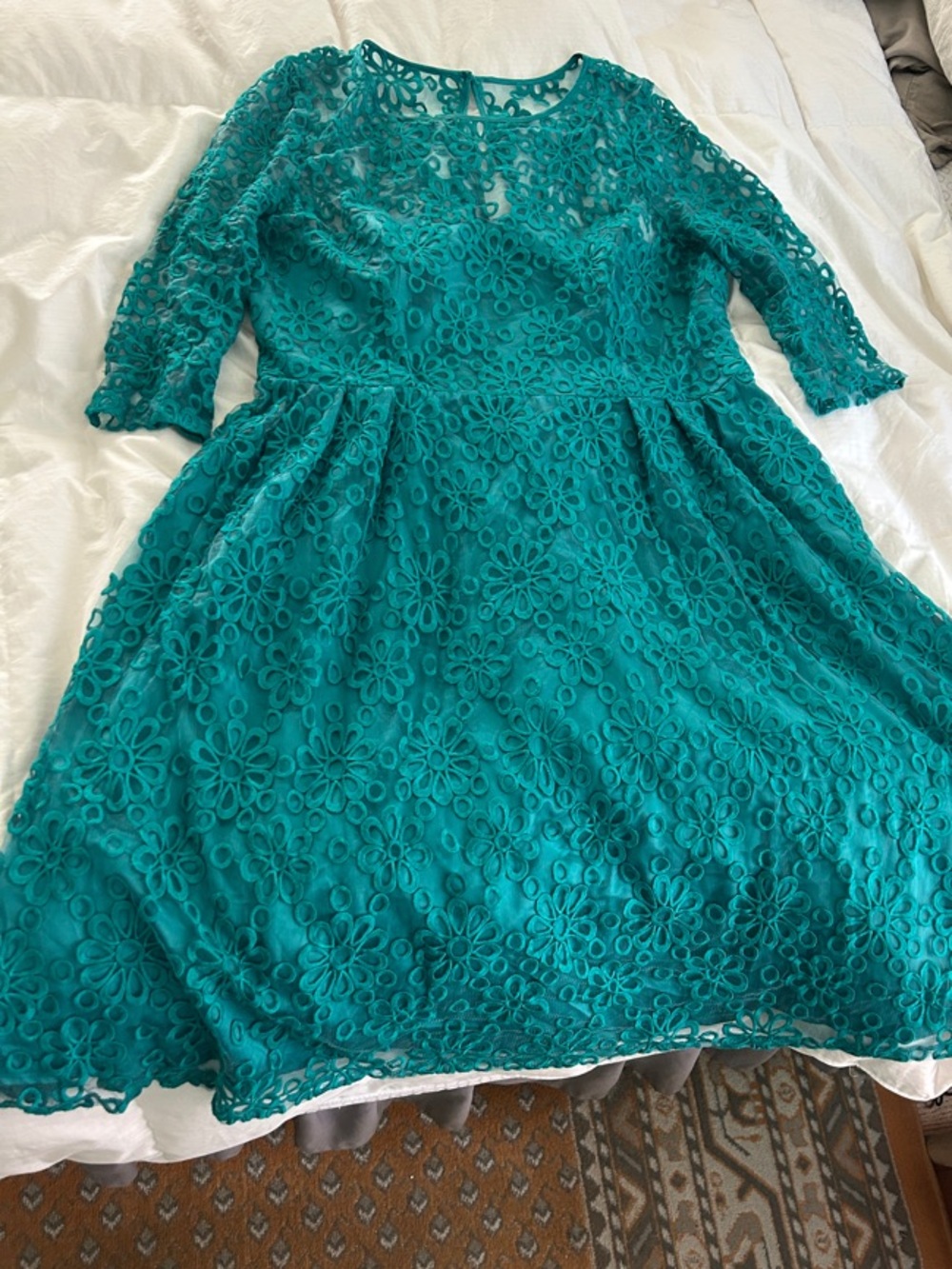 Tatyana Teal Floral Lace Long Sleeve Fit-and-Flare Dress